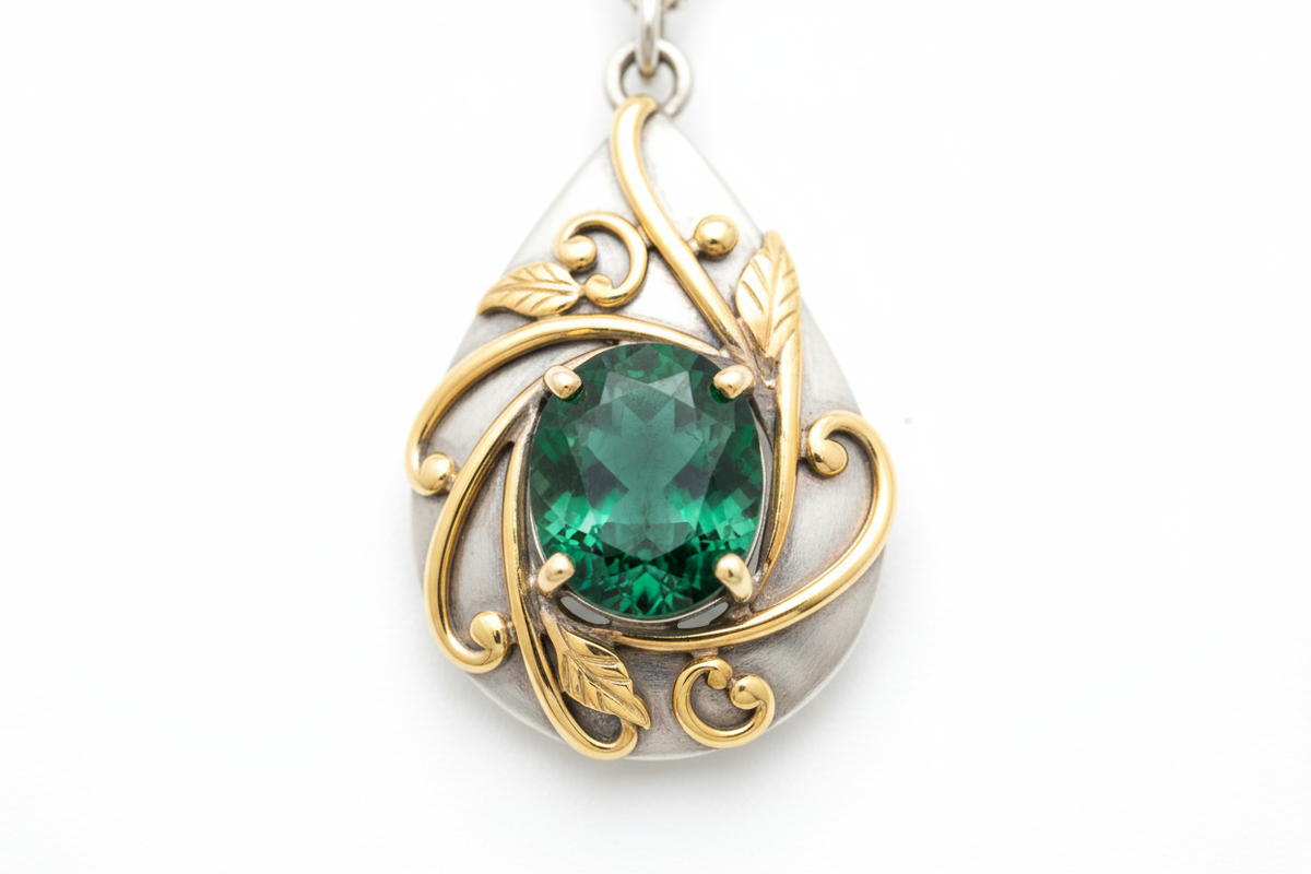 Dije de plata con esmeralda con lineas de  oro 18 k